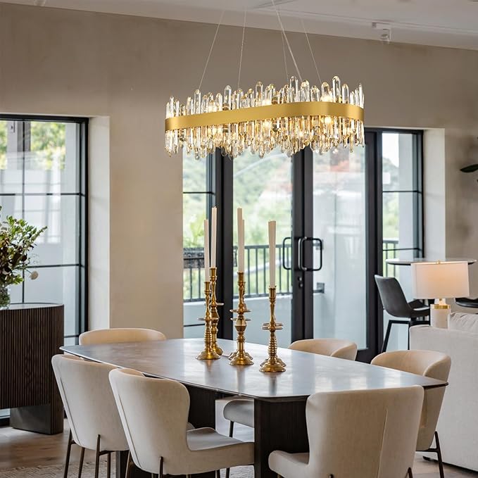 Modern Crystal Chandelier, 16-Lights 2 Tiers Dining Room Chandelier Over Table, 36'' K9 Crystal Gold Rectangular Chandeliers for Kitchen Island Adjustable Long Chandeliers for Living Room