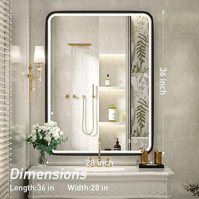 36x28 Inch LED Bathroom Mirror with Light,Black Metal Frame Lighted Vanity Mirror, Anti Fog Design&Dimmable&Touch Switch,Large Wall Mounted Makeup Mirror (Horizontal/Vertical)