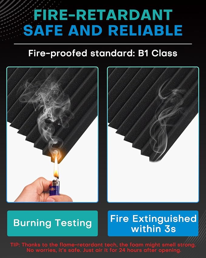 48 Pack Sound Proof Foam Panels for Walls with Self Adhesive, 12x12x1 Acoustic Foam Panels, High Density Acoustic Panels Sound Absorbing, Fire Resistant Studio Sound Proofing Black