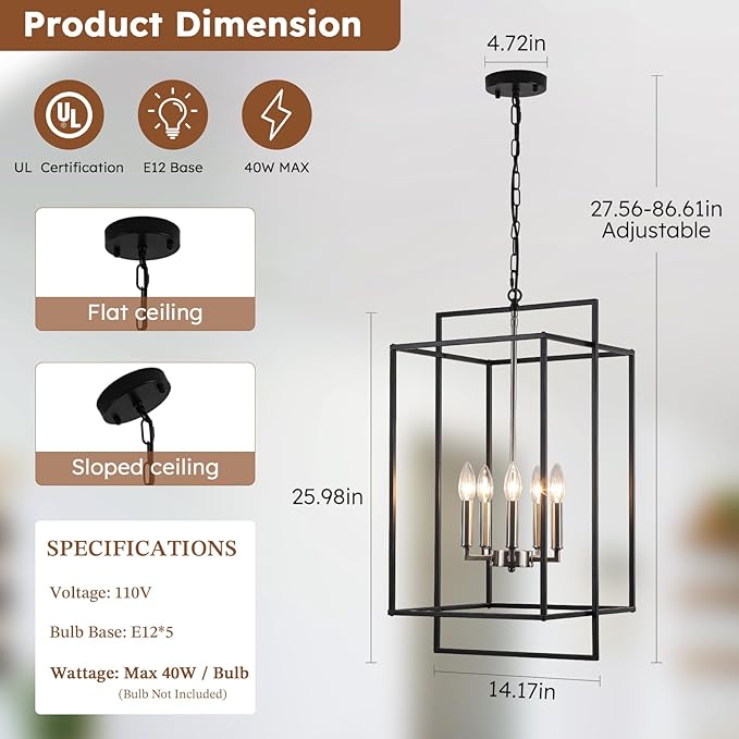 14" Black Chandelier, 5-Light Black Brushed Nickel Farmhouse Light Fixtures, Modern Rustic Hanging Lights, Industrial Kitchen Pendant Lighting Over Island for Dining Room Kitchen Foyer Hallway