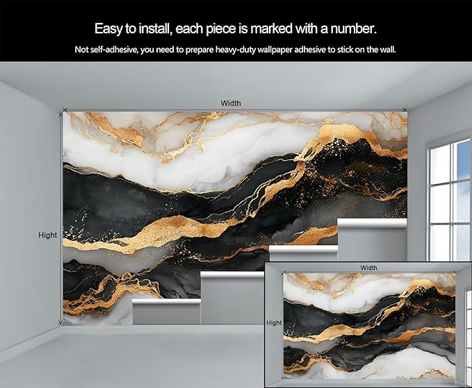 Black Gold Marble Mural Wallpaper, White Gold Marble Murals, European Light Luxury Murals, Wallpaper for Living Room Bedroom Boy Girl Room Home Decor Mural (Not Peel Stick)