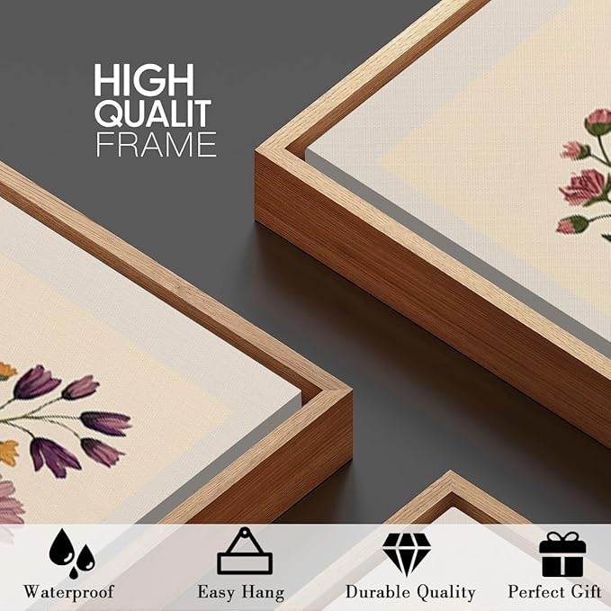 BINCUE Neutral Framed Wildflower Wall Art Set of 3 Colorful Floral Wall Decor Vintage Flower Art Prints Set of 3 for Living Room Bedroom Bathroom 16x24 Inches