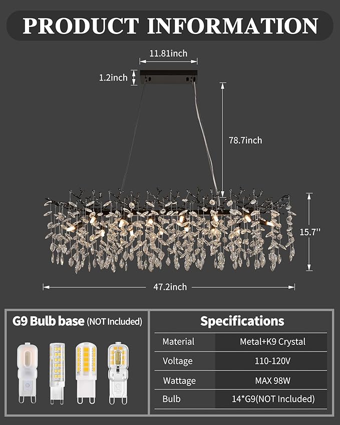 Modern Black Crystal Chandeliers for Living Room, Tree Branch Chandelier 14 Lights Rectangular 47.2" Hanging Pendant Light Fixture for Kitchen Island Dining Room Foyer Entryway