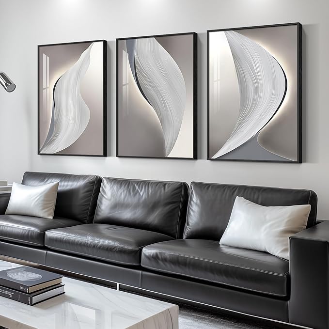 Large Framed Modern Wall Art for Living Room, 3 Piece Minimalist Abstract White and Grey Prints Wall Decor, Bright Style Artwork Paintings Pictures for Hallway Dining Office 24x36 Inch