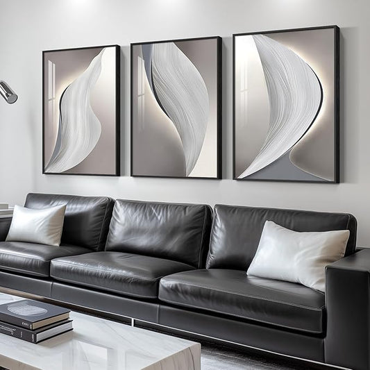 Large Framed Modern Wall Art for Living Room, 3 Piece Minimalist Abstract White and Grey Prints Wall Decor, Bright Style Artwork Paintings Pictures for Hallway Dining Office 24x36 Inch