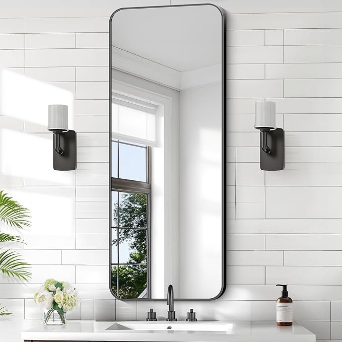 KOCUUY Black Rectangle Mirror, 20" x 48" Metal Frame Mirror with Rounded Corner, Classic Design of Upgraded Shatterproof Glass for Bathroom, Bedroom, Living Room, Entryway