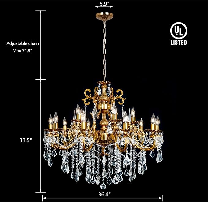 Modern Chandelier Lighting Antique Gold Crystal Chandeliers for High Ceiling Foyer Entryway Living Room 15-Light Crystal Candle Chandelier Light Fixture Staircase Oversize Round 36.4"