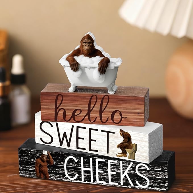 4 Pcs Funny Bigfoot Bathroom Decor Farmhouse Sasquatches Bathroom Decoration Western Hello Sweet Cheeks Table Centerpiece Christmas