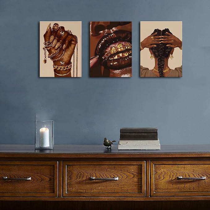 Black Women Wall Art Glitter Gold Jewelry Picture for Girls Bedroom Bathroom Wall Decor Luxury Abstract Fashion African American Female Poster Hip Hop Artwork Living Room Home Decoration 12x16" 3P