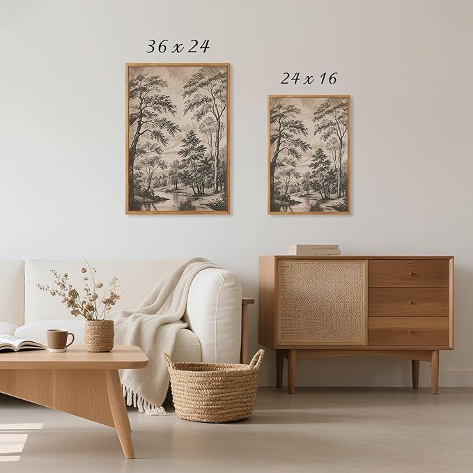 CHDITB Vintage Landscape Framed Wall Art, Neutral Minimalist Tree Wall Decor, Nature Woodland Sketch Spiritual Painting, Retro Botanical Forest Poster Classic Wilderness Office Art Prints 24"x36"x3