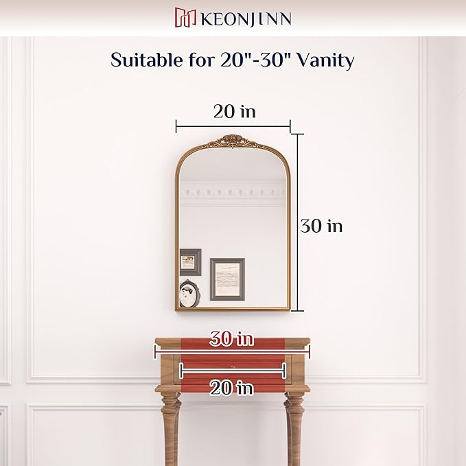 Keonjinn Antique Arch Mirror 20" x 30", Black Ornate Vintage Mirror, Baroque Decorative Mirrors for Mantle, Bathroom, Living Room, Hallway, Fireplace, Flench Cleat Mounting