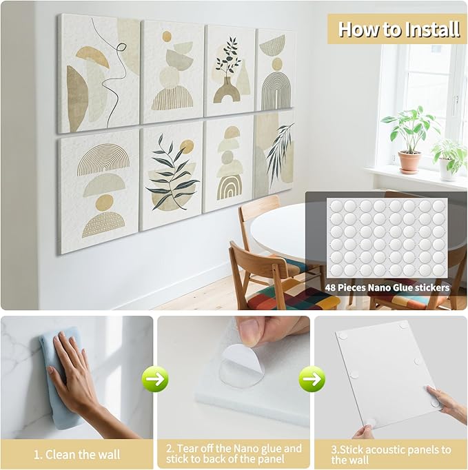 Art3d Soundproof Wall Panels 48"x32", 8-Pack Acoustic Wall Art Panels, Sound Absorbing Decorative Wall Panels for Living Room, Bedroom, Kitchen, Studio, Polyester UV Print