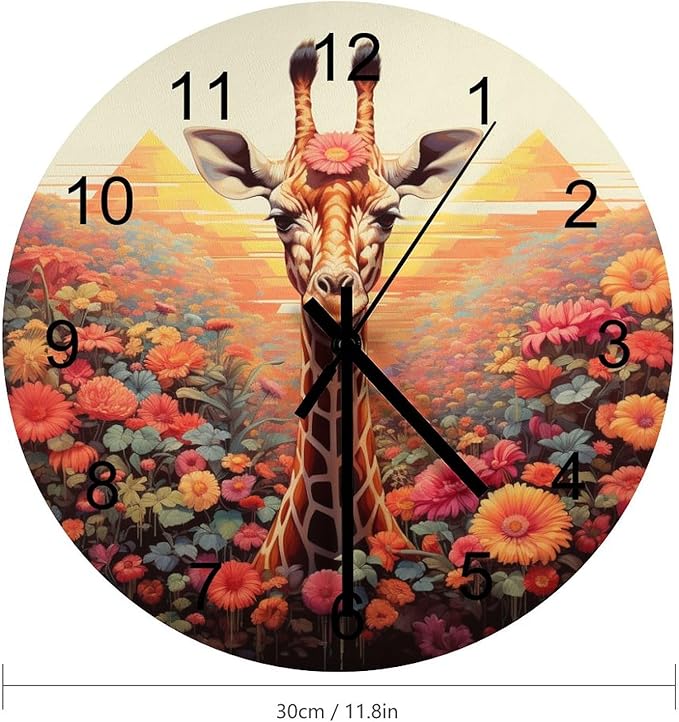 Cartoon Giraffe-Themed Round Wall Clock, Watercolor Flower Giraffe Cute Dream Children's Personalized Theme Decoration, Giraffe-Style Room, Living, Kitchen Wooden Silent Clock 12x12INCH