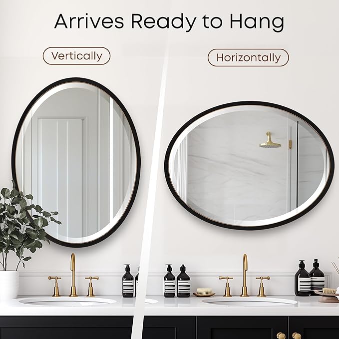 OVALCREST - Oval Wooden Beveled Wall Mirror for Home Decor, Bathroom, Vanity, Bedroom, Living Room, Hallway - London Style (Rubbed Black) 21.1 x 17.1