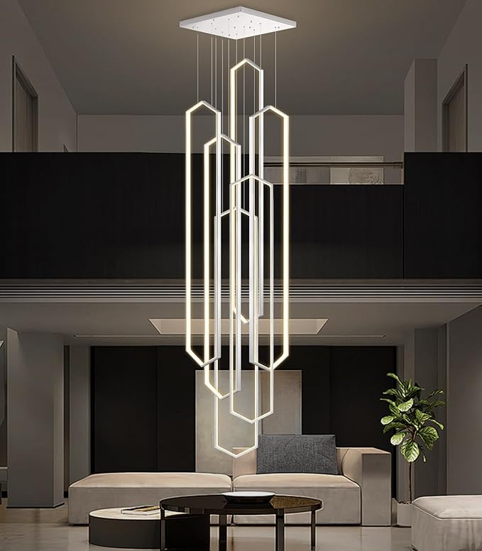 6 Rings Sliver Modern Large Chandelier Dimmable LED High Ceiling Chandelier for Living Room Foyer Modern Hanging Ceiling Light
