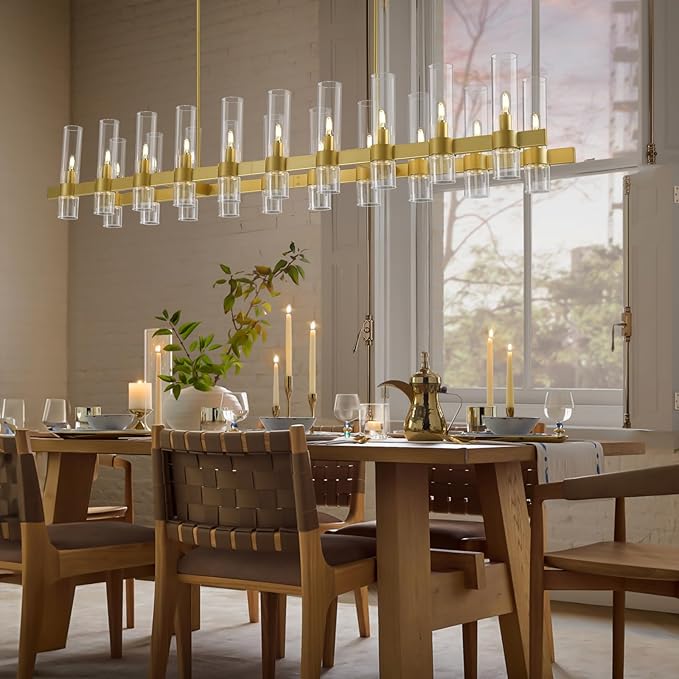 Modern Gold Linear Chandelier for Dining Room, 68'' Rectangular Dining Chandeliers Over Dining Table 20 Light, Linear Chandelier Lighting Fixture with Glass over Kitchen Island, Includes Bulbs