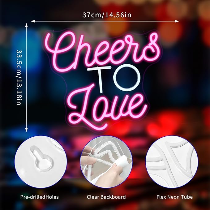 Cheers to Love Neon Sign, Neon Signs for Wall Decor LED Neon Light Up Signs Home Decor for Bedroom Business Club Party Bars Shop Decoration USB Operated