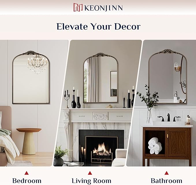 Keonjinn Vintage Mirror for Wall, 24" x 36" Bronze Antique Mirrors with Metal Frame, Baroque Style Decoration for Mantle, Bathroom, Living Room, Fireplace, Bedroom, French Cleat Mounting