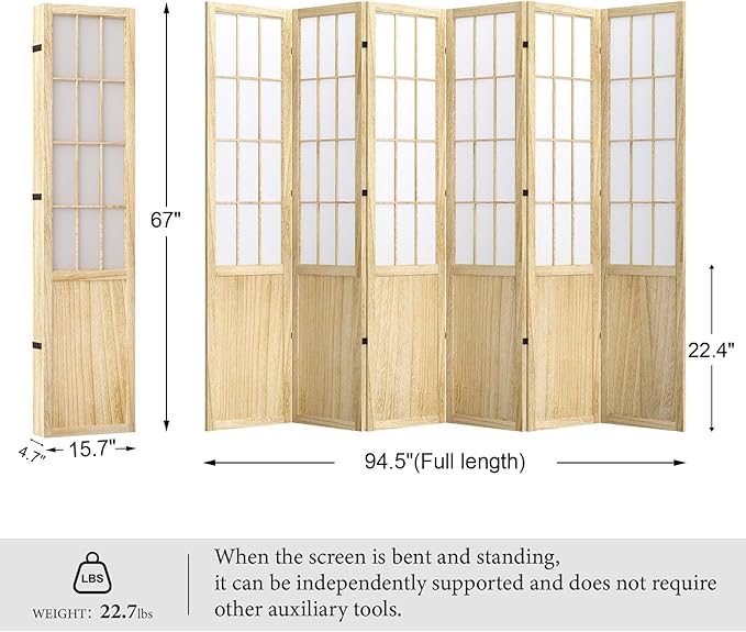 5.6FT Room Divider and Folding Portable Partition Screen, Chinese Japanese Shoji Style for Room Separation - 6 Panel (Natural)