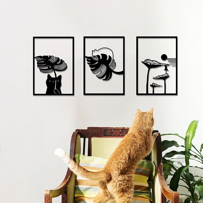 3Pcs Black Cat Wall Art, Metal Wall Sculptures, Cat Wall Decor for Cat Lovers, for Living Room Bedroom Kitchen Office Wall Hanging Décor