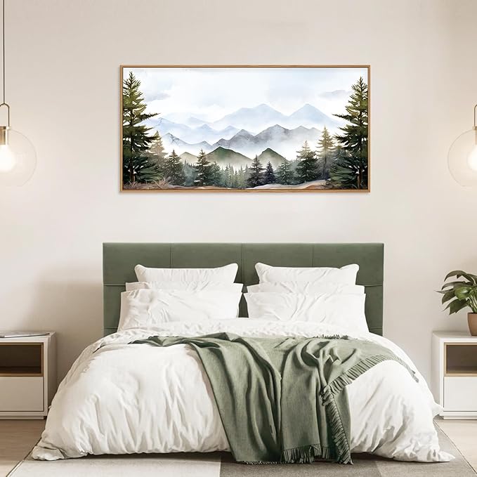 KAIRNE Framed Mountain Canvas Wall Art Set, Misty Forest Wall Decor, Green Pine Tree Wall Painting, Nature Widerness Landscape Art Print for Living Room, Bedroom, Study, Gallery - Large Size 20"x40"