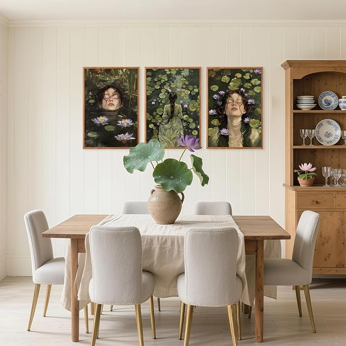 Aurlan Ophelia in the Lake Dark Academia Framed Wall Art(16"x24"), 3PCS Moody Boho Victorian Water Llily Foral Canvas Artwork, Classic Romantic Gothic Modern Cottagecore Decor for Home Office Bedroom