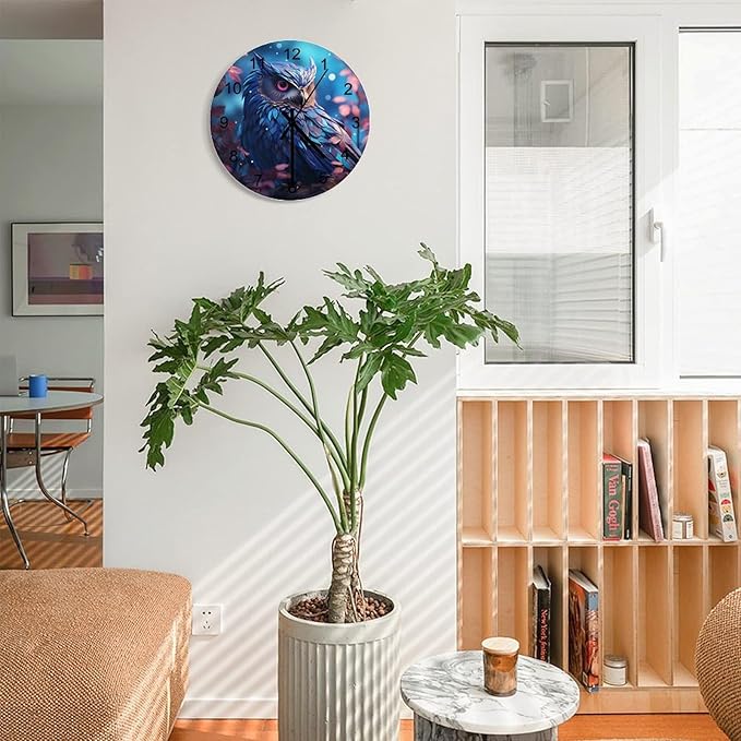 Blue Owl-Themed Circular Wall Clock, Dreamy Background Owl Watercolor Art In The Flower Night Forest, Wooden Silent Wall Decorative Wall Clock Teenagers' Rooms, Living Kitchens 12x12INCH