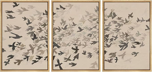 MUDECOR Framed Wall Art Print Set Minimalist Subtle Birds in Motion Illustrations Modern Art Boho Decorative Colorful Chic for Living Room, Bedroom, Office - 24"x36"x3 Natural