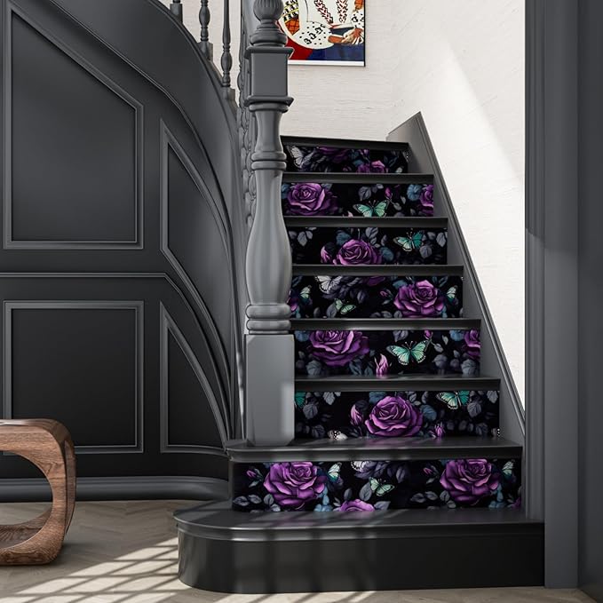 Black Foral Wallpaper Peel and Stick, Dark Purple Rose Contact Paper, Waterproof Self-Adhesive Flower Butterfly Wall Paper for Bedroom Countertop Desk Cabinets Decor 17.4" x 118" Renter Friendly