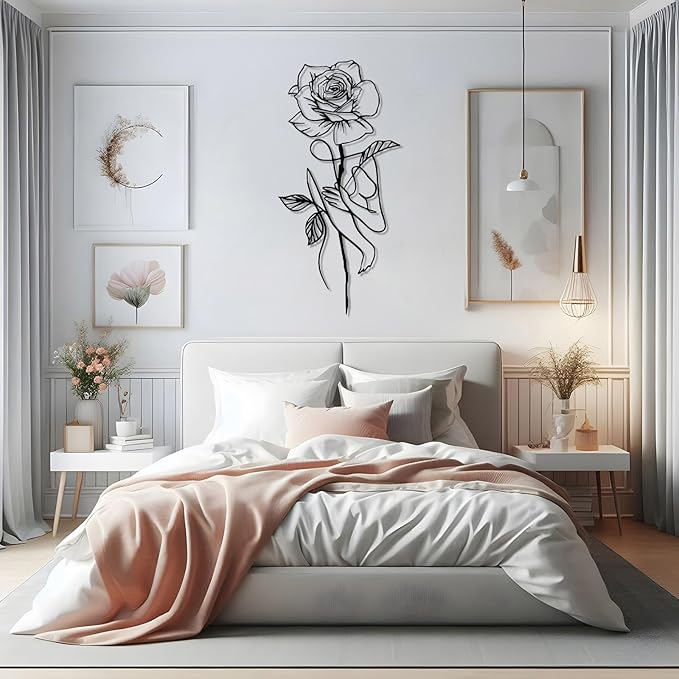 Metal Rose Wall Decor, Abstract Woman Metal Wall Art, Metal Minimalist Wall Art, Metal Line Art Wall Decor, Rose Wall Art, Floral Wall Art, Female Body Wall Art for Bathroom, Bedroom (Black, 41"x20"/105x51cm)