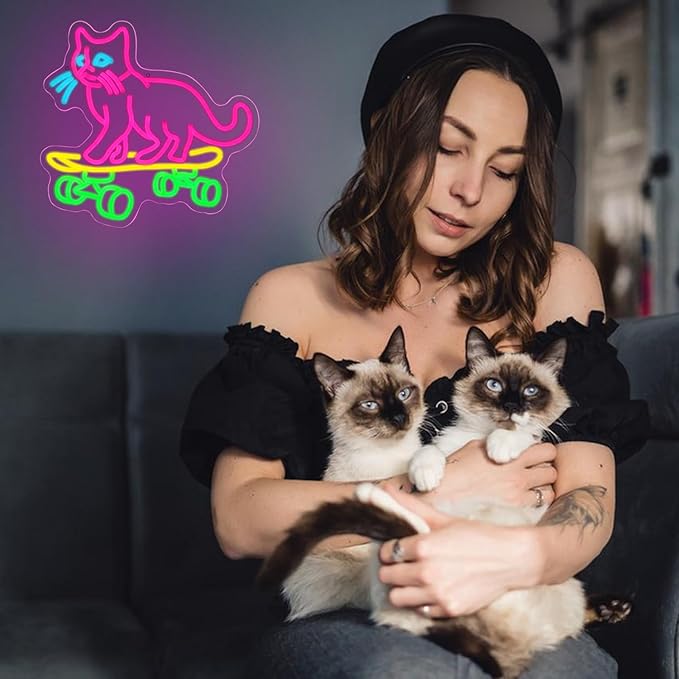 Cat Skateboard Neon Sign for Wall Decor Cat Neon Light Skateboard LED Neon Signs Colorful Led Neon Lights for Bedroom Pet Shop Skatepark Decoration