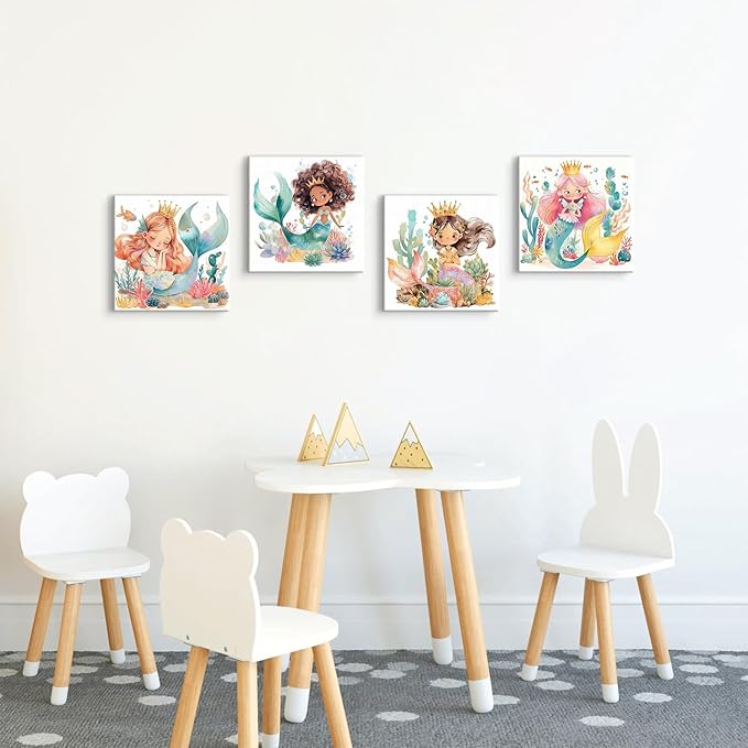 Nursery Room Mermaid Wall Art Girls Bathroom Mermaid Princess Pictures Girly Bedroom Decor Cute Succulent Underwater World Ocean Life Painting Canvas Print Baby Kids Playroom Home Decoration 12×12" 4P