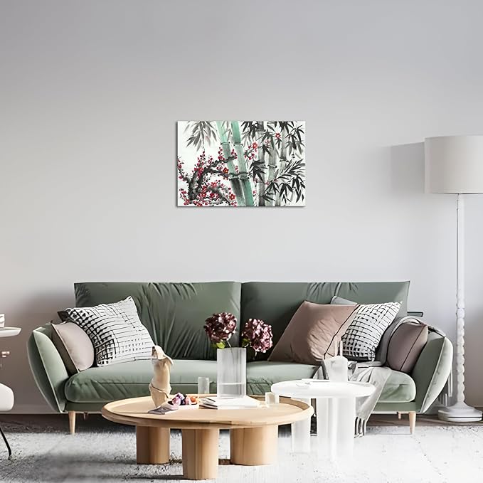 Canvbay Asian Canvas Wall Art Traditional Chinese Ink Style with Bamboo and Red Plum Blossom Painting Pictures Oriental Flower Print Poster Framed for Home Decor Living Room Bedroom 24x36inch