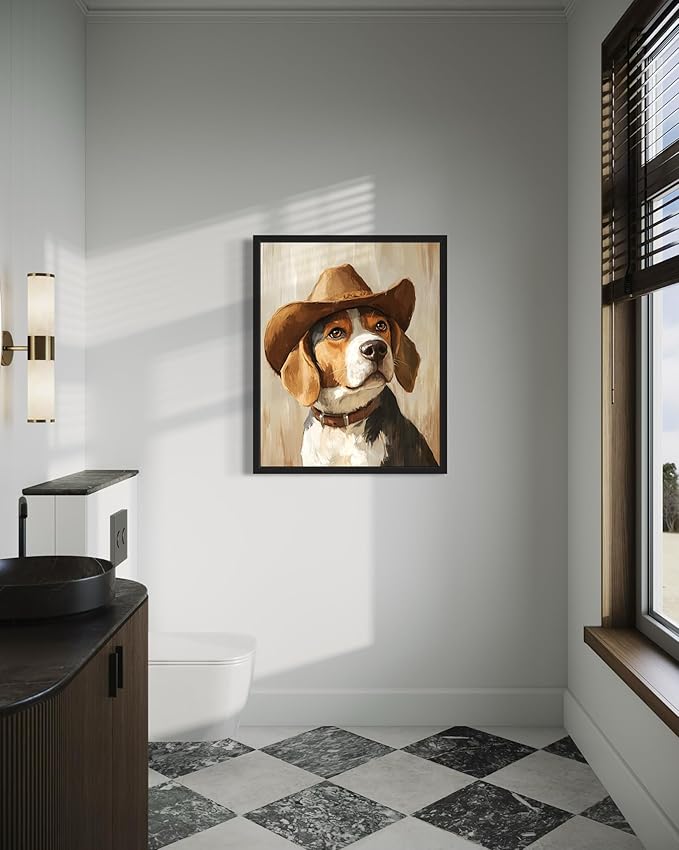 Beagle Cowboy Art Print Poster Wall Art, Western Country Farmhouse Wild West for Bedroom, Bathroom, Living Room Art Decor 58 (Beagle, 11 x 14 inches, Black Frame)