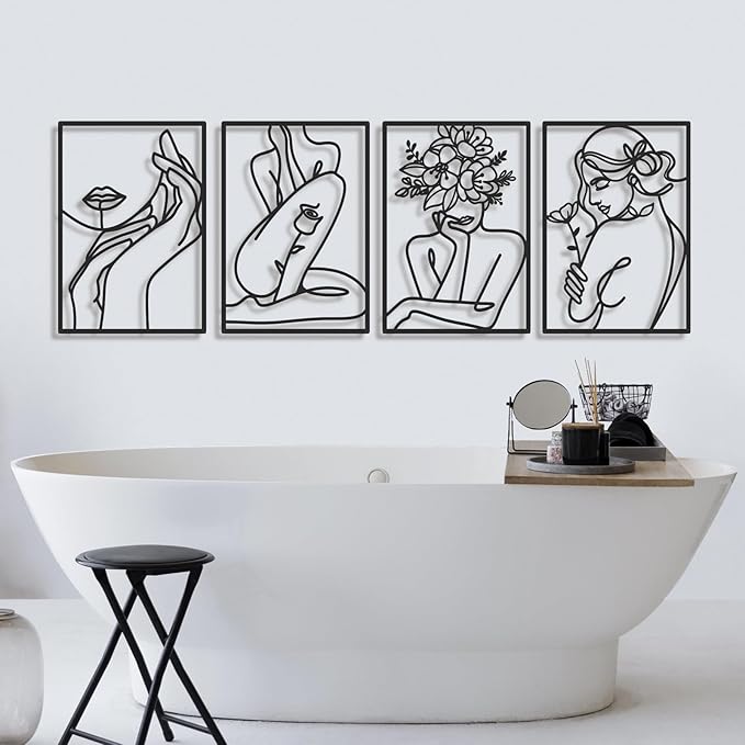 Bakovity Black Metal Wall Art, Abstract Flower Line Sculpture, Black Minimalist Modern Wall Decor for Living Room, Bedroom, Bathroom (4 Pieces, 22.5x15.7 Inches)