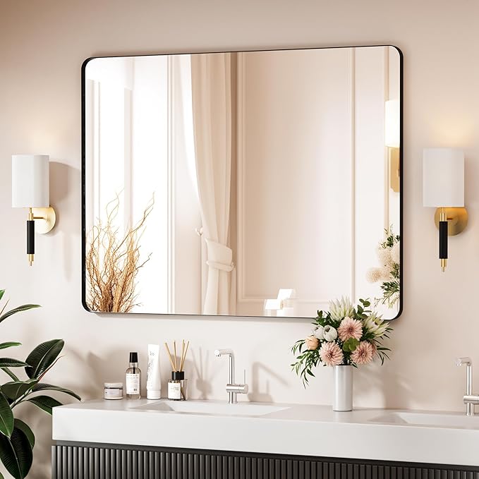 Black Bathroom Mirror 48X36 Inch Bathroom Vanity Mirror for Wall, Metal Frame Large Mirror, Tempered Glass, Modern Wall Mirror for Bathroom, Farmhouse, Horizontally or Vertically Hanging