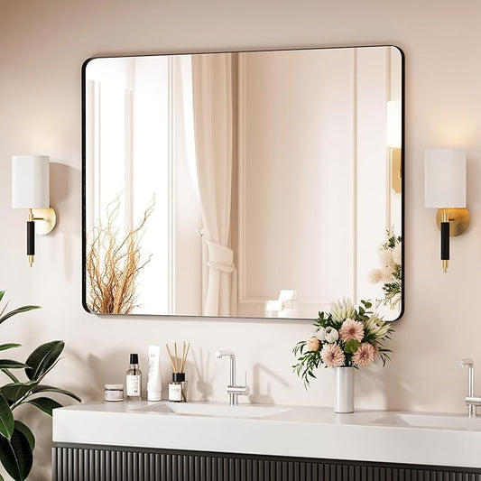 Black Bathroom Mirror 48X36 Inch Bathroom Vanity Mirror for Wall, Metal Frame Large Mirror, Tempered Glass, Modern Wall Mirror for Bathroom, Farmhouse, Horizontally or Vertically Hanging