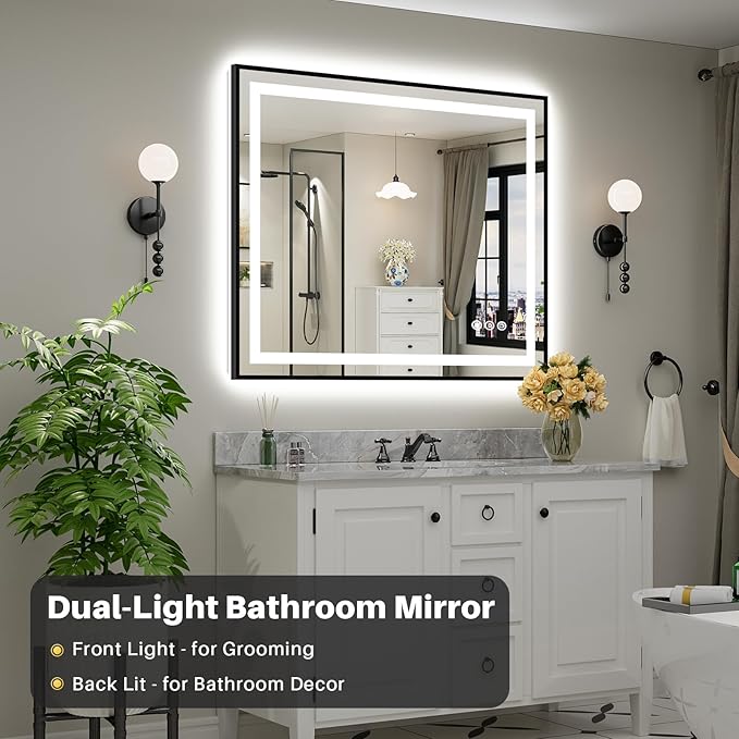48x40 Inch LED Bathroom Mirror with Black Frame, Backlit & Front Lit, Anti-Fog Lighted Bathroom Vanity Mirror for Wall, Memory Function, Dimmable, HD Tempered Glass, Shatter-Proof