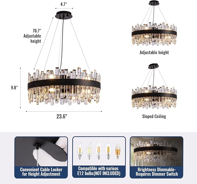 Modern Crystal Chandelier for Dining Room, 12-Light Black Round Chandelier, 23.6-inch K9 Crystal Raindrop Ceiling Light, Luxury Flush Mount Light Fixture for Kitchen Living Room Entryway