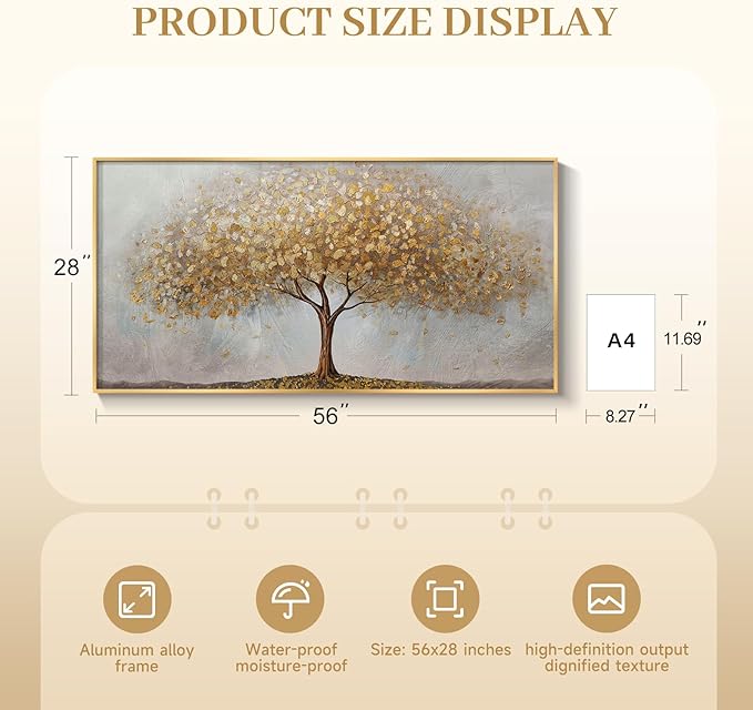 Large Framed Tree of Life Gold Wall Art for Living Room, Canvas Prints Paintings Artwork for Walls, Modern Luxury Golden Big Tree Pictures for Hallway Dining Room Bedroom Office Wall Decor 30x60 In