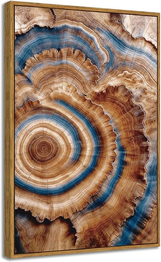BingruiArt Framed Tree Ring Canvas Wall Art Abstract Wood Wall Decor Boho Modern Colorful Nature Painting Wood Stump Prints Pictures for Living Room Bedroom Bathroom Office 16"x24" Natural Framed(10)