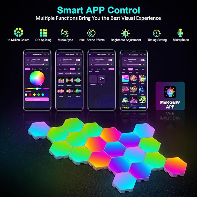 20-Pack Hexagon Light Panels – Smart RGB LED Wall Lights with App & Remote – Music Sync Gaming Lights for Gamers, Game Room Decor, Gaming Equipment, Living Room, Bedroom, Kids & Adults