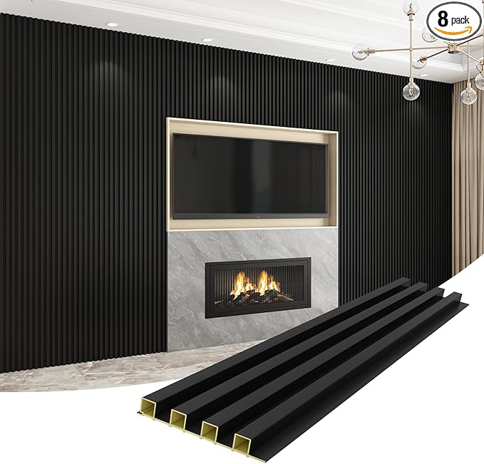 8-Pack WPC Wall Panels 108’’ x 6.1’’ 3D Slat Wall Panel Acoustic Wall Paneling for Interior Wall Decor TV Background Kitchen Bedroom Black