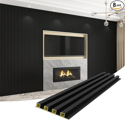 8-Pack WPC Wall Panels 108’’ x 6.1’’ 3D Slat Wall Panel Acoustic Wall Paneling for Interior Wall Decor TV Background Kitchen Bedroom Black