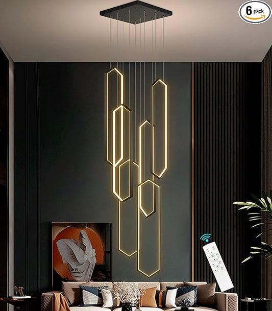 6-Rings Chandelier Modern, Black Contemporary LED Light for Living Room Entrance, Dimmable Flush Mount High Ceiling Chandeliers with Remote Control for Villa Foyer