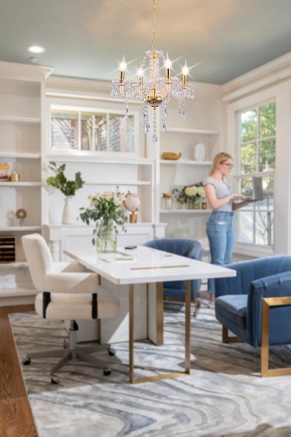 MALOSA Small Gold Crystal Chandeliers,Modern 4 Lights Mini Chandelier,Antique Candle Glass Chandelier for Bedroom,Living Room,Entryway