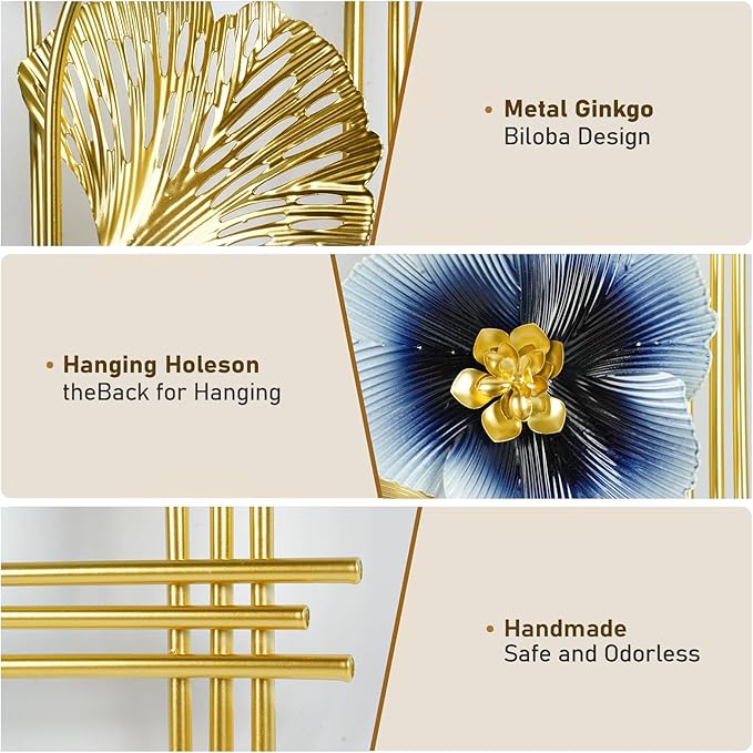 Metal 3D Wall Art Decor 2 Pcs 34" x 15" Wall Decor Handmade Golden Ginkgo Leaf Blue Flower Hanging Home Decor Wall Sculpture Modern for Living Room, Bedroom, Dining Room, Office and Hotel Large