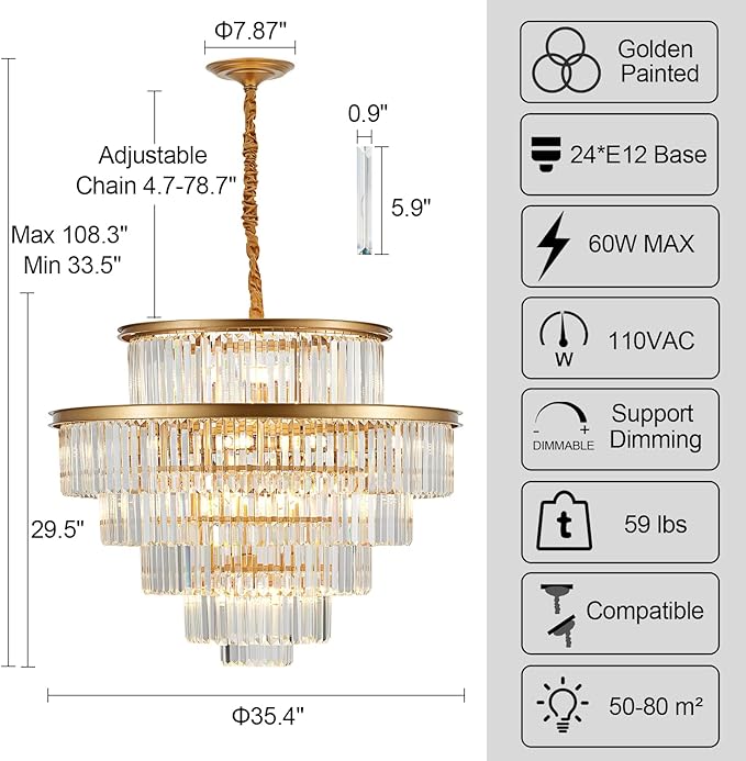 35" 24-Light Modern Crystal Chandelier Light Fixture Large 6-Tier Gold Luxury Chandeliers for Dining Room Round Hanging Pendant Lighting for Living Room Kitchen Entryway Bedroom Foyer Lobby
