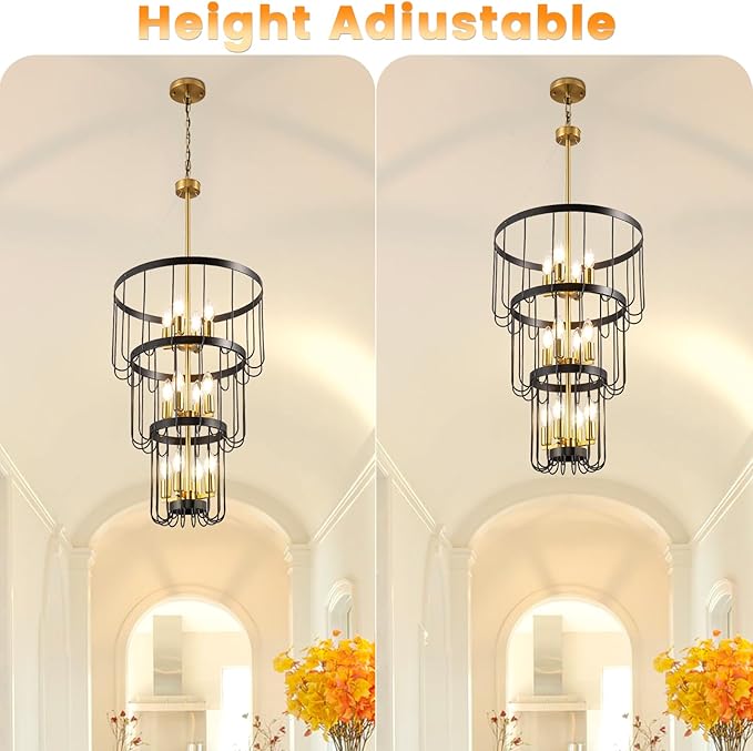 Black and Gold Chandelier, 12-Light Farmhouse Chandelier for Entryway, Industrial Foyer Lighting Fixtures, Large Chandeliers for High Ceilings, Modern Hanging Pendant Lights for Staircase, Entryway
