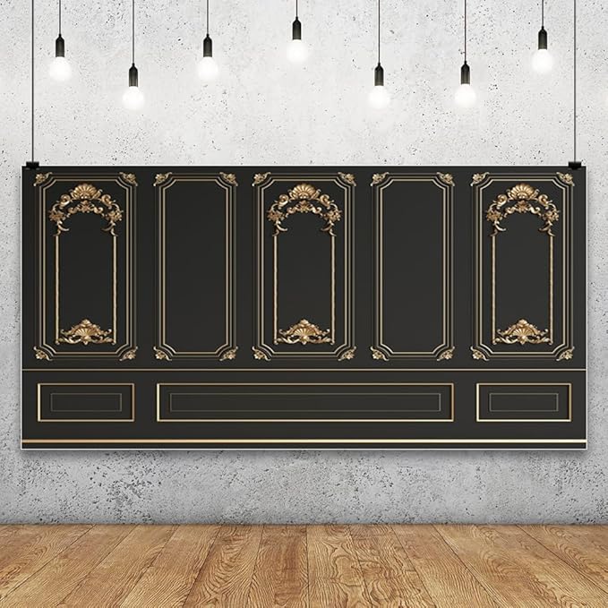 Leyiyi 20x10ft Gold Black Vintage Room Inside Backdrop European Frame Modern House French Castle Cementery Wall Retro Style Photo Background Cowboy Kids Birthday Portrait Studio Props Vinyl Wallpaper